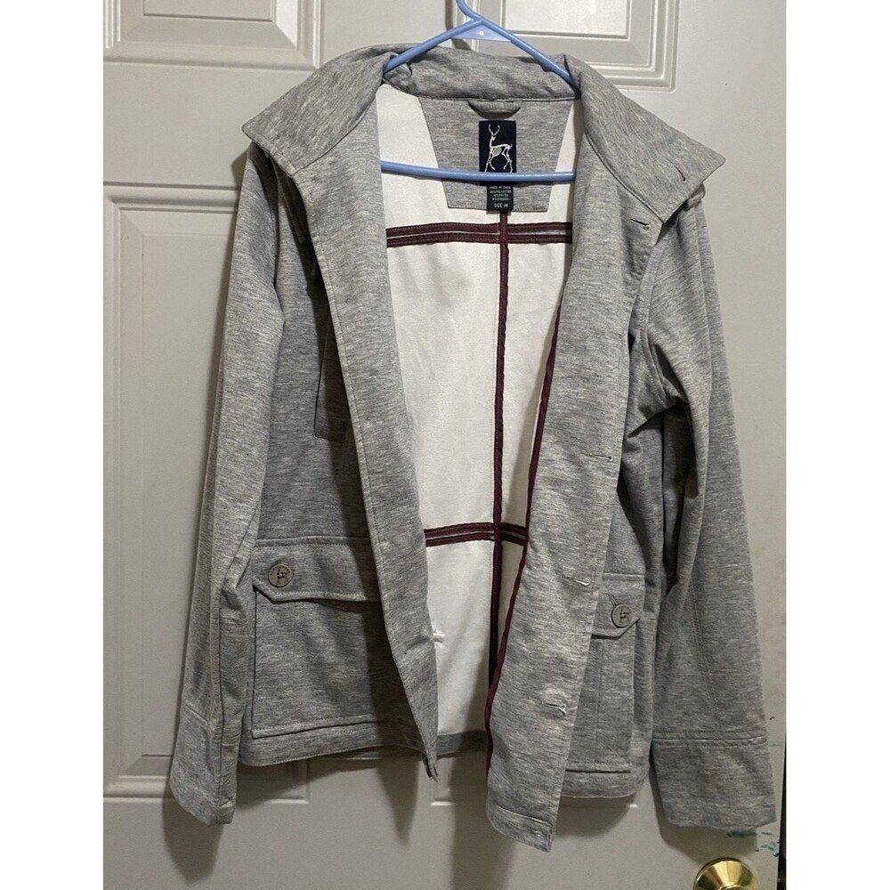 Kane & Unke Jacket Men M Gray Button Down Utility Herringbone Fall Coat Hood